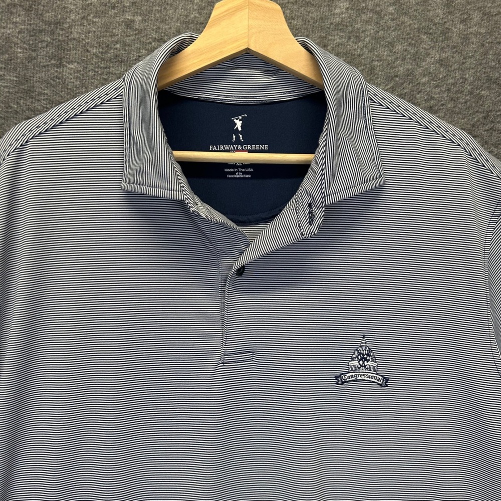 Fairway & Greene Men XL Polo Shirt Navy White Stripe Congressional Golf USA Made